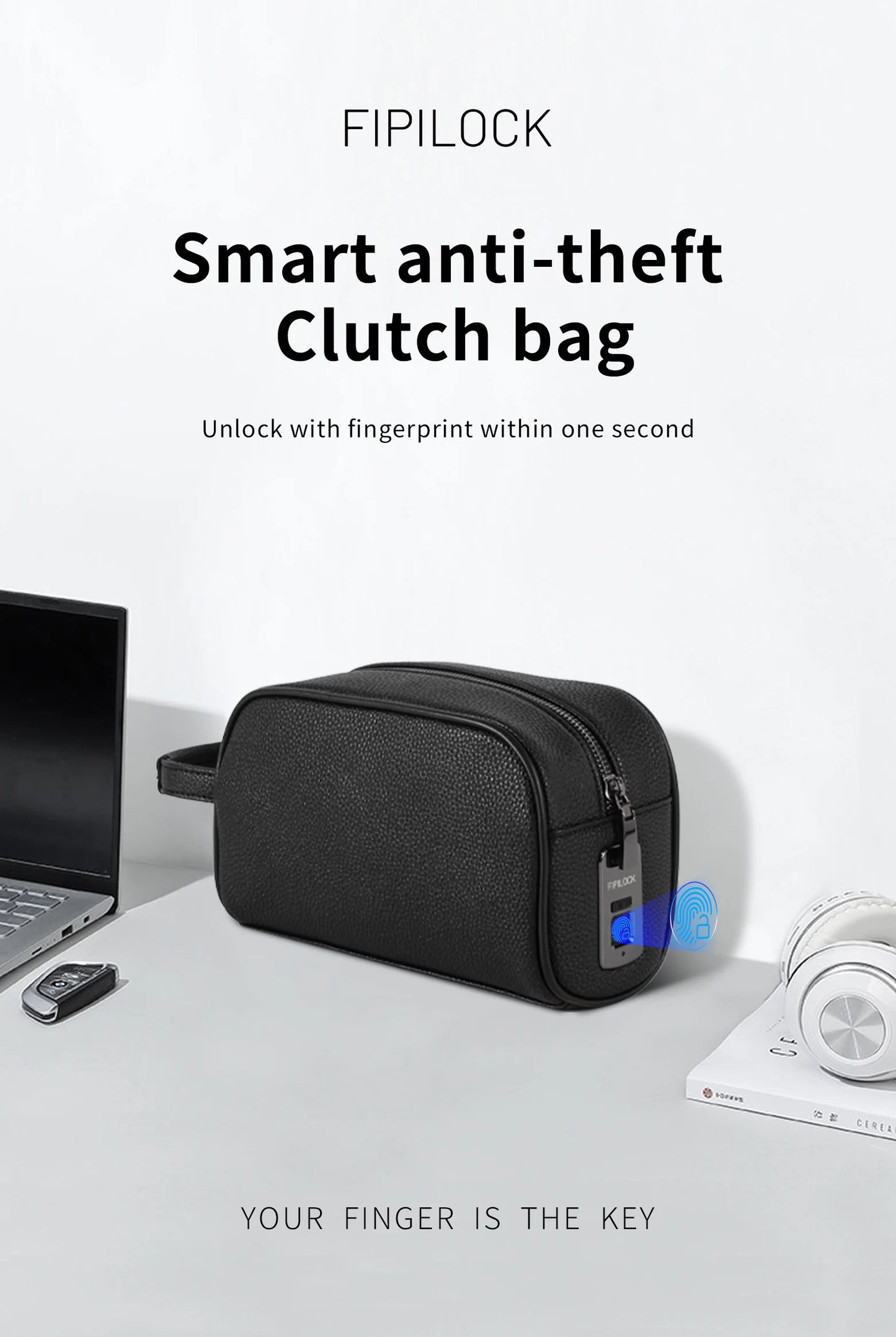 Portefeuille Cuir Fermeture Éclair Serrure Empreinte Digitale - Sac Anti-Vol Sécurisé Homme Femme