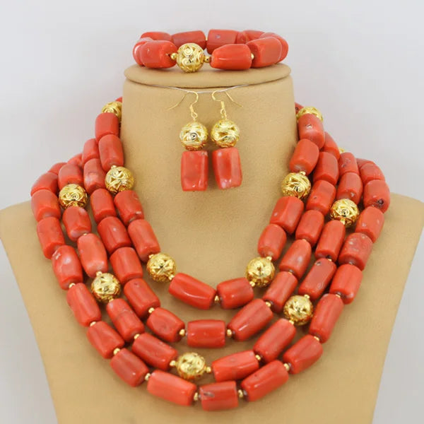 Parure Luxe Corail Nigérian 4 Couches – Ensemble Mariée Statement