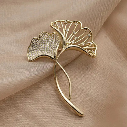 Broche Feuille Ginkgo Rétro Élégante Strass – Pin's Plante Corsage Luxe Femme