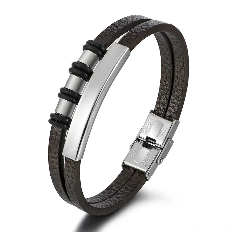 Bracelet Enroulé en Cuir pour Homme avec Charm en Acier Inoxydable