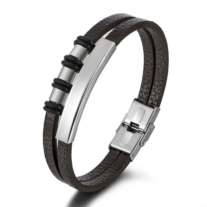 Bracelet Enroulé en Cuir pour Homme avec Charm en Acier Inoxydable