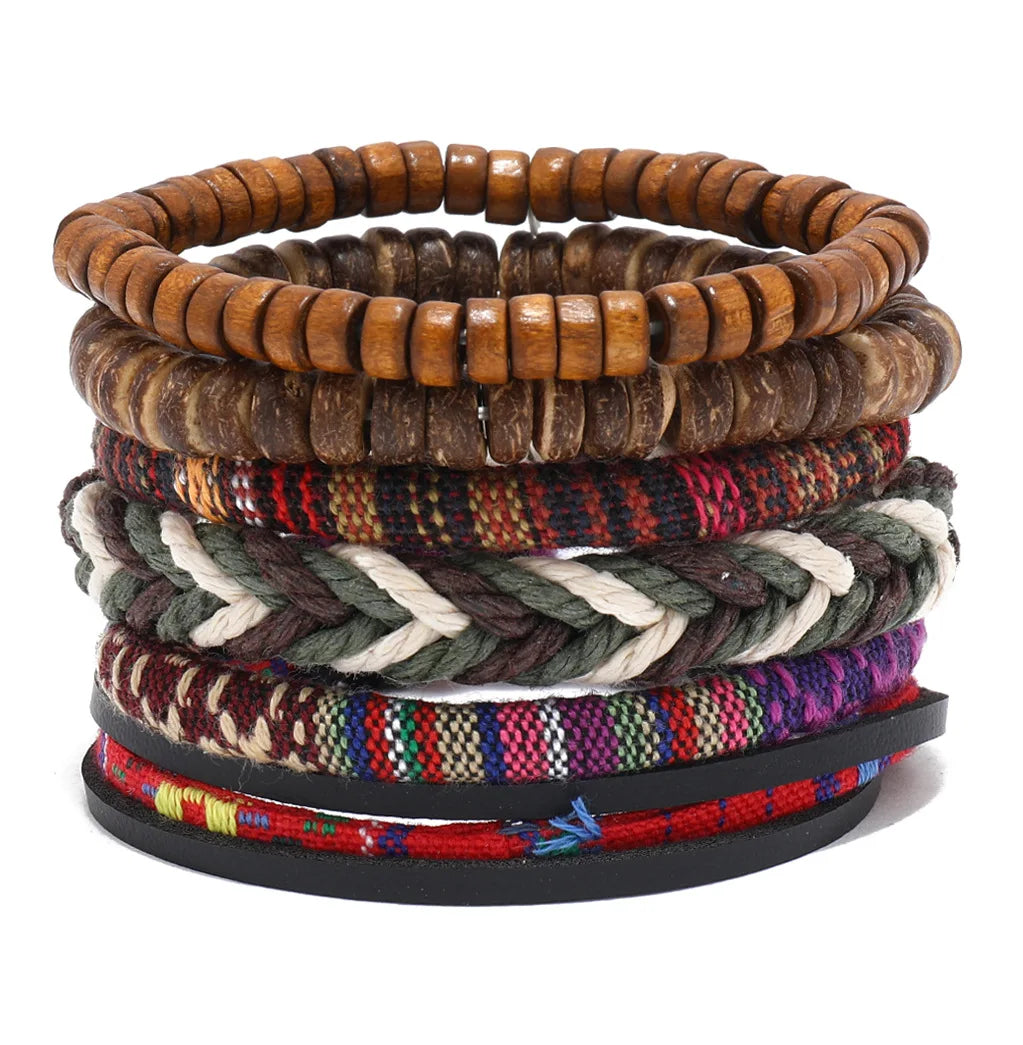Bracelet Bohème Cuir & Perles Bois Homme – Tressé Main, 26 Coloris