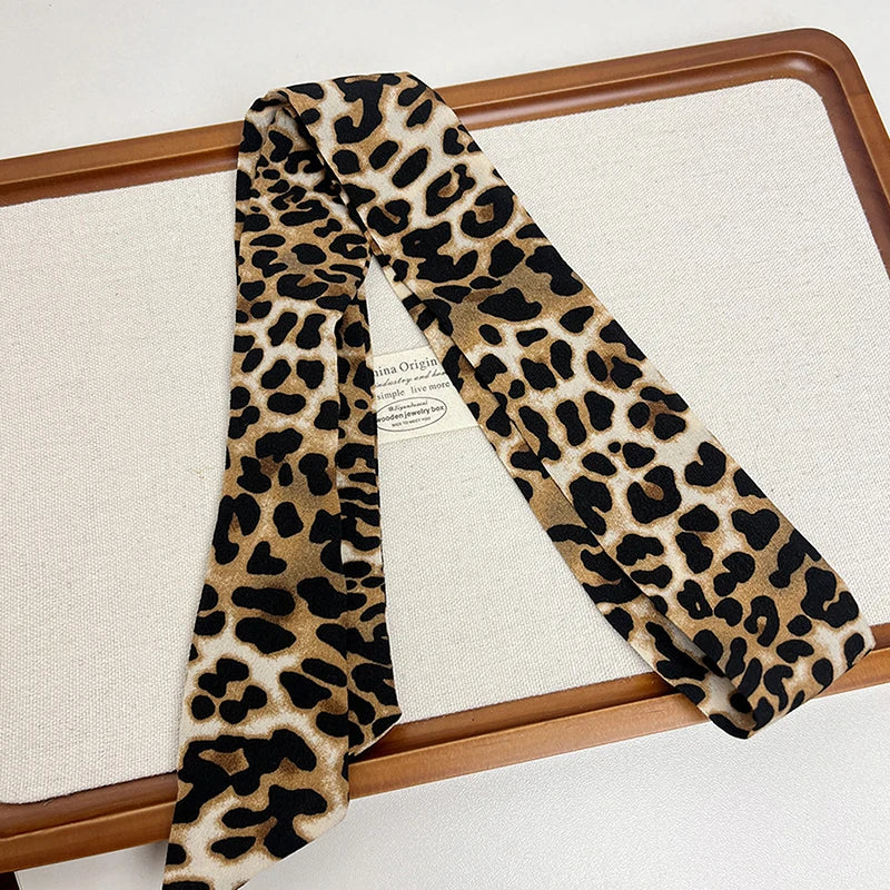 Foulard Ruban Soie Imprimé Léopard Femme - Bandeau Sac Neckerchief Skinny Luxe Mode