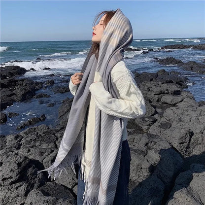 Foulard Écharpe Cachemire Carreaux Femme Hiver - Châle Chaud 175x60cm Gris