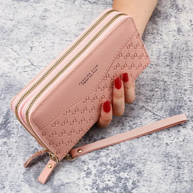 Portefeuille Femme Cuir PU Pompon - Porte-Monnaie Double Fermeture Éclair