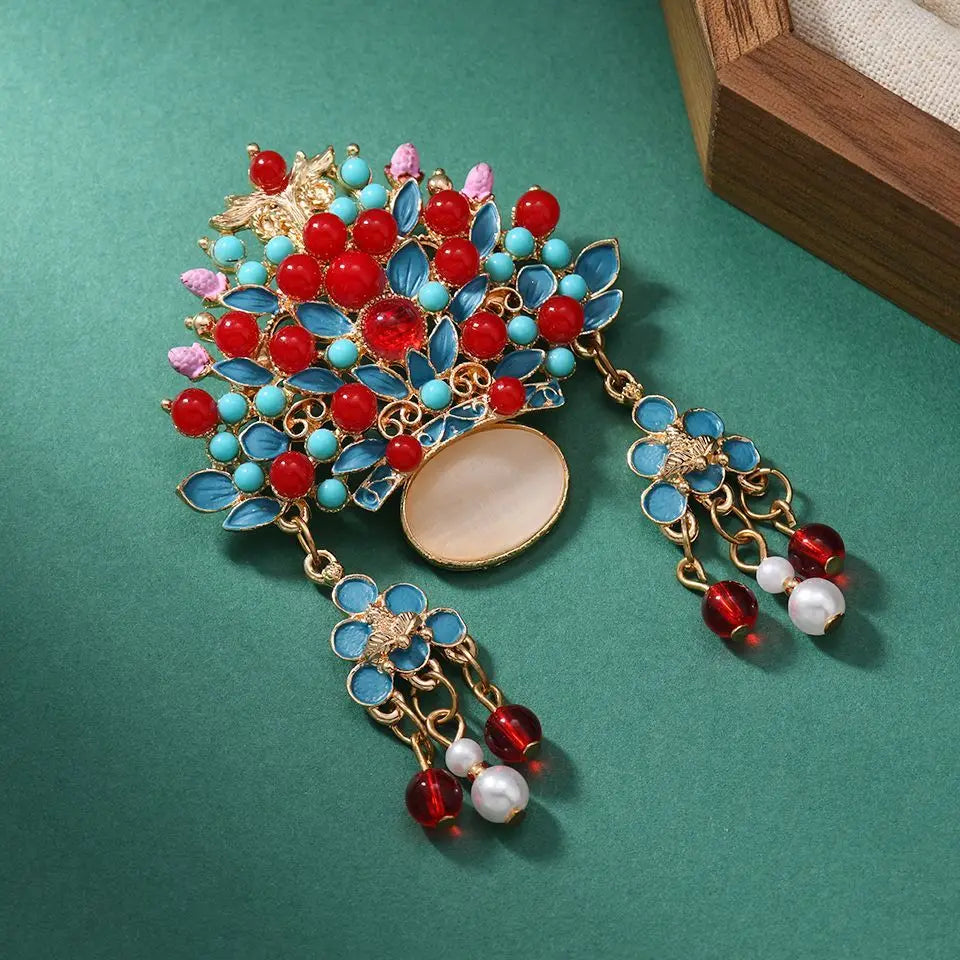 Broche Tiare Mariée Style Chinois - Ornement Luxe Pendants Couleurs Mixées