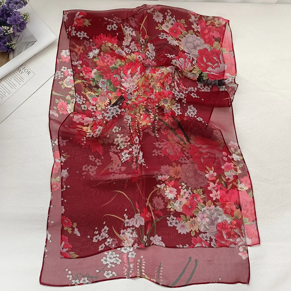 Foulard Écharpe Mousseline Georgette Femme Fleur Prune - Bandana Été Léger Respirant