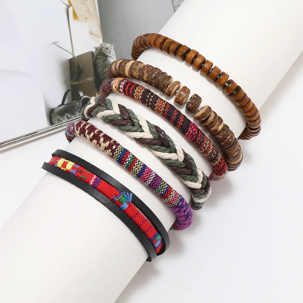 Bracelet Bohème Cuir & Perles Bois Homme – Tressé Main, 26 Coloris