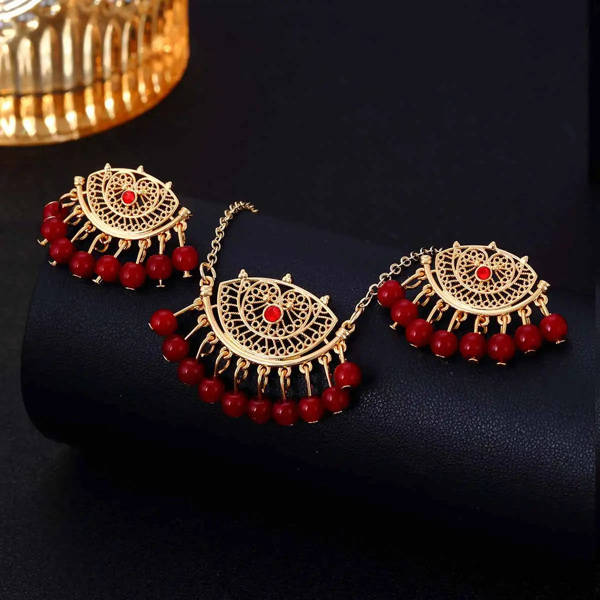 Ensemble Bijoux Indien Cristal Pompons – Collier Boucles Jhumka Mariée