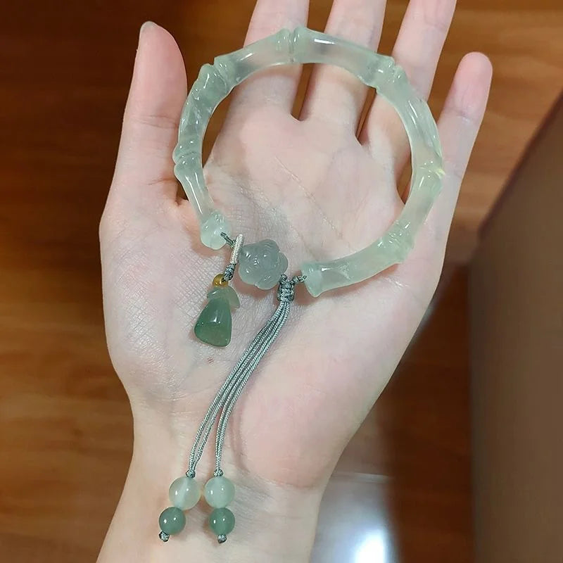 Bracelet Jonc Jade Lotus Bambou Chinois – Antique Pompons Tempérament Unisexe