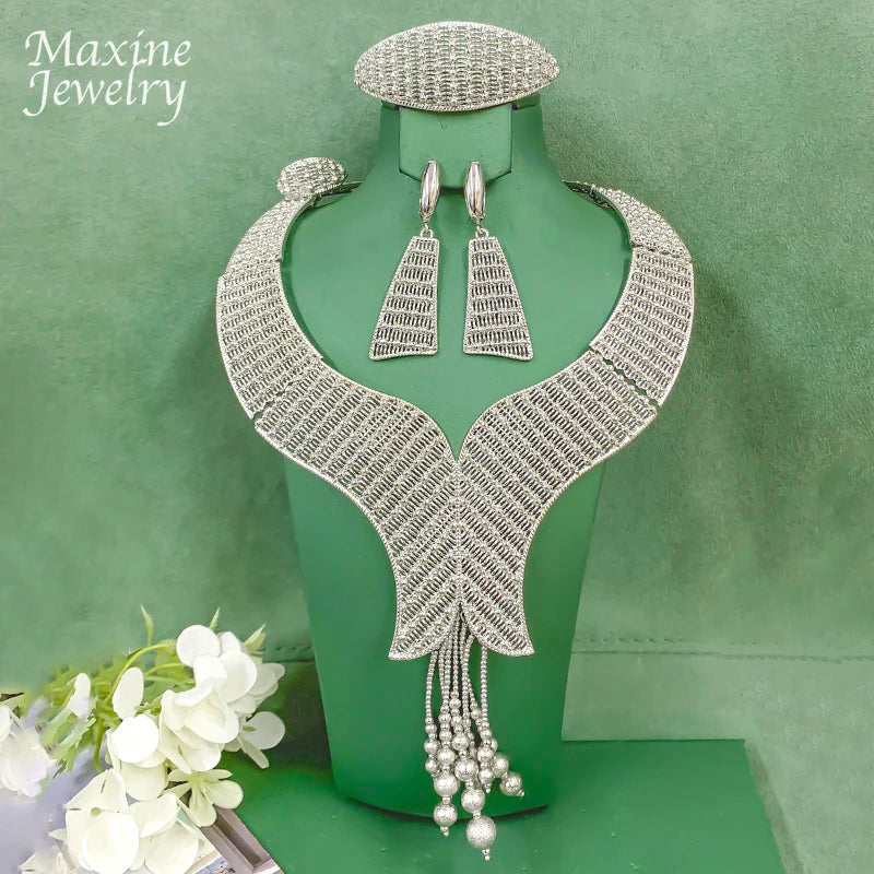 Ensemble Bijoux Dubai Bohème Plaqué Or 18K Luxe – Collier Boucles Bracelet Bague Mariée Femme