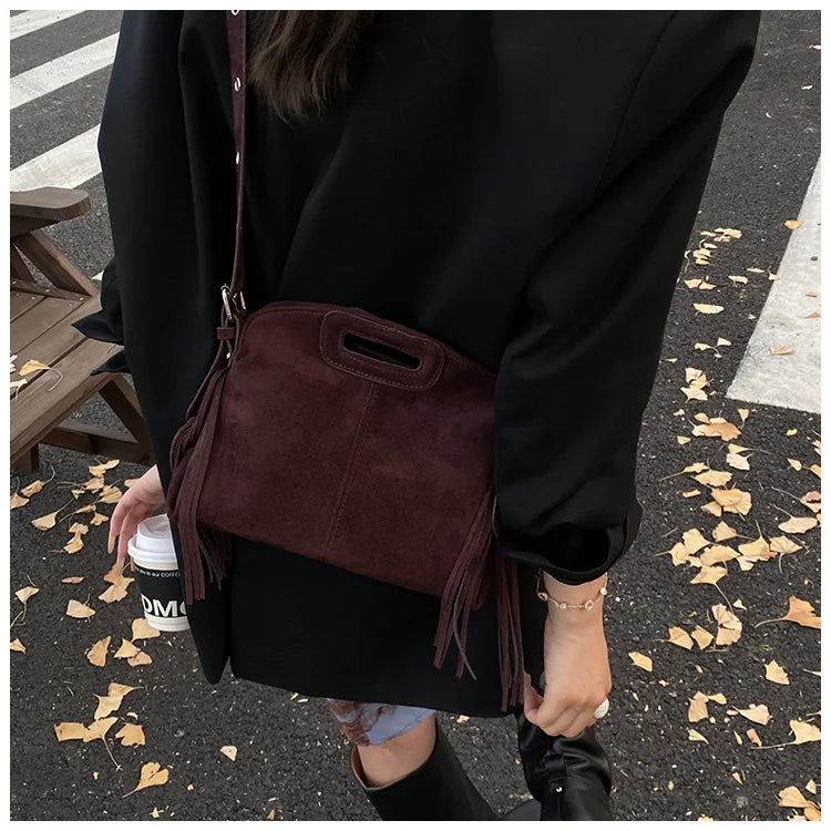 Sac à Main Femme Daim Vintage Style Français - Sac Bandoulière Épaule Glands Café