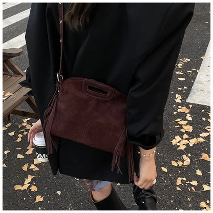 Sac à Main Femme Daim Vintage Style Français - Sac Bandoulière Épaule Glands Café