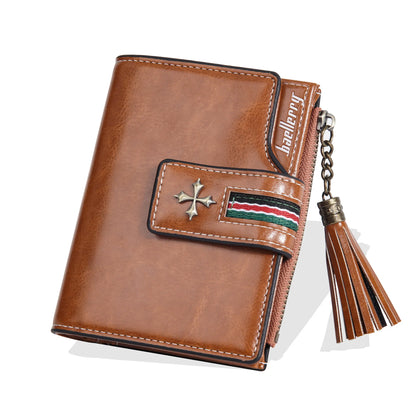Portefeuille Femme Cuir Ciré Glands - Porte-Monnaie Tri-Fold Multi-Fentes Fermeture Éclair