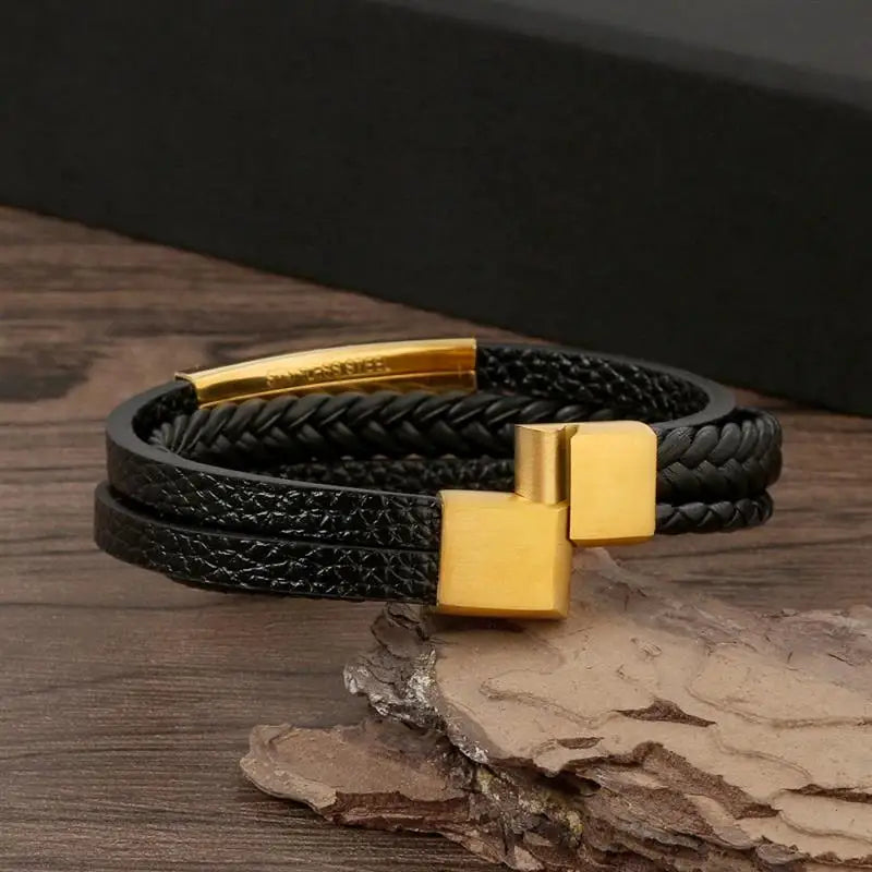 Bracelet en Cuir Tissé Main Multi-Couches pour Homme - Combinaison Classique Punk