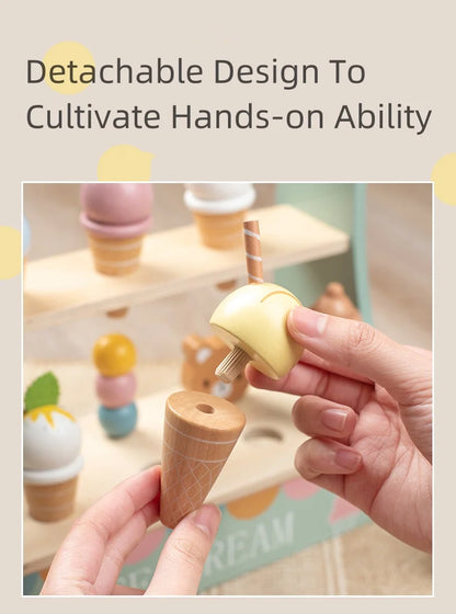 Comptoir de Crème Glacée en Bois - Jouet Montessori 40+ Pièces avec Monnaie pour Enfants 3-6 Ans