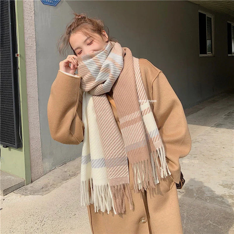 Foulard Écharpe Cachemire Carreaux Femme Hiver - Châle Chaud 175x60cm Gris