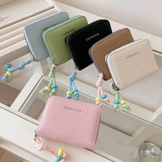 Portefeuille Femme Court Cuir PU Perles Colorées - Porte-Cartes Multi-Poches Étudiant Vert