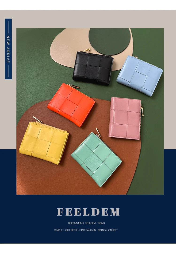 Portefeuille Femme Cuir Tressé - Porte-Monnaie Bifold Multi-Cartes Compact
