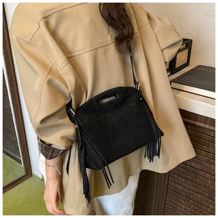 Sac à Main Femme Daim Vintage Style Français - Sac Bandoulière Épaule Glands Café