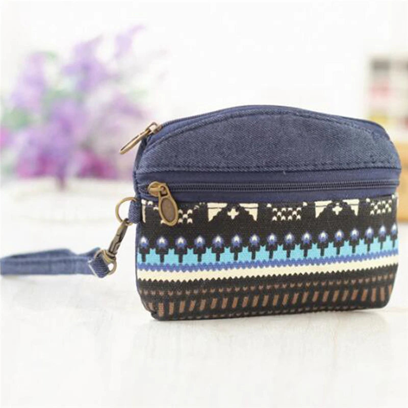 Porte-Monnaie Ethnique en Coton - Pochette Double Zip pour Femme et Enfant