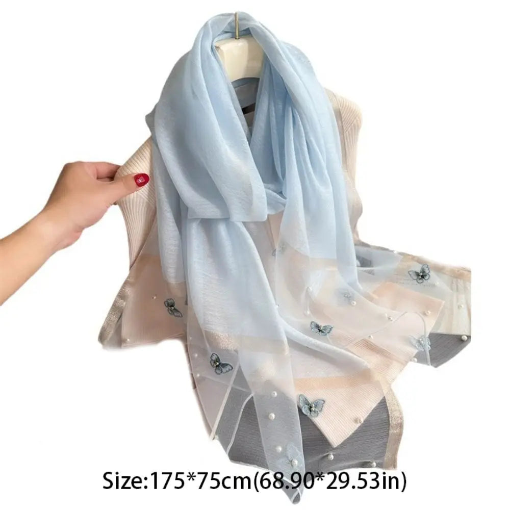 Foulard Soie Broderie Papillon Femme - Écharpe Châle Hijab Luxe Léger Élégant