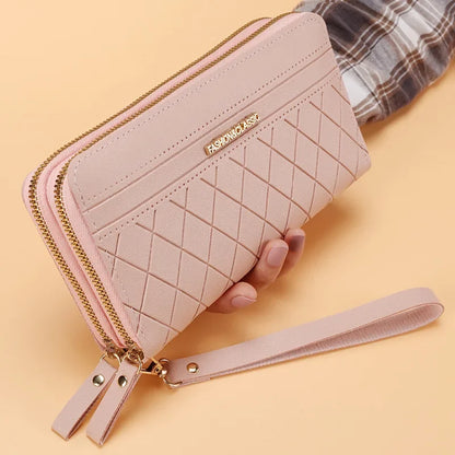 Portefeuille Femme Cuir PU Pompon - Porte-Monnaie Double Fermeture Éclair