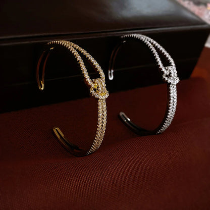 Bracelet Manchette Zircon Plein Cuivre Plaqué Or – Nœud Minimaliste Femme Mariage Soirée