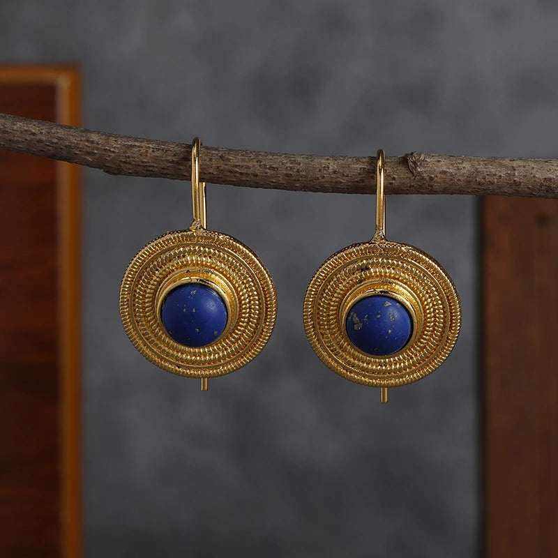 Boucles d'Oreilles Pendantes Géométriques Bohème Pierres Bleu Foncé – Vintage Banquets Femme