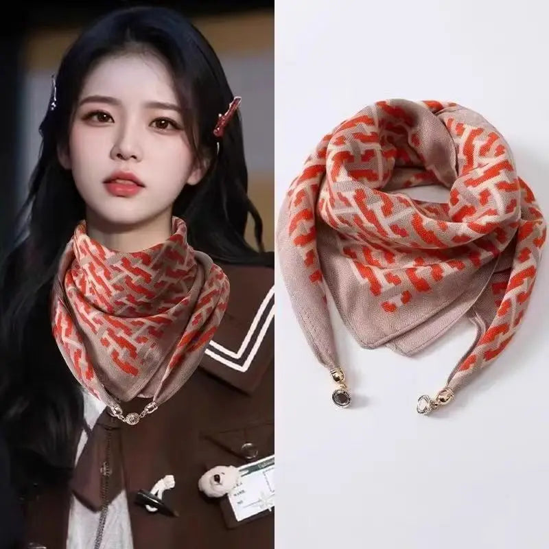 Luxury Square Scarf with Magnetic Buckle for Women - Silk Triangle Cross Scarf
