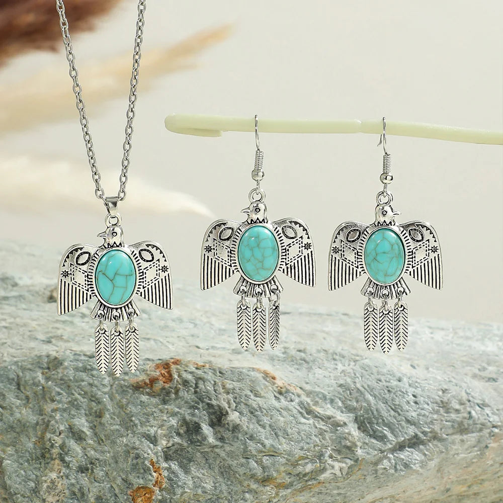 Ensemble Bijoux Bohème Turquoise Oiseaux – Boucles Pendantes Argent Antique