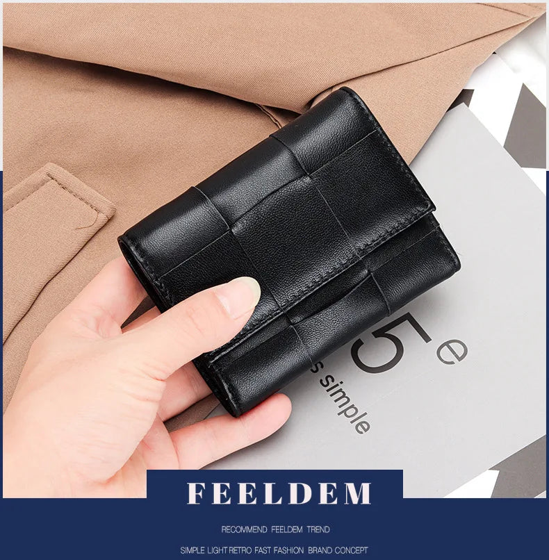 Portefeuille Femme Court Cuir Véritable Peau Mouton Tressé - Porte-Monnaie Trifold Zippé Grande Capacité Noir