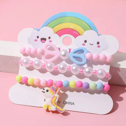 Ensemble 3 Bracelets Perles Cartoon Mignons Enfants – Princesse Licorne Fruits Chat Filles