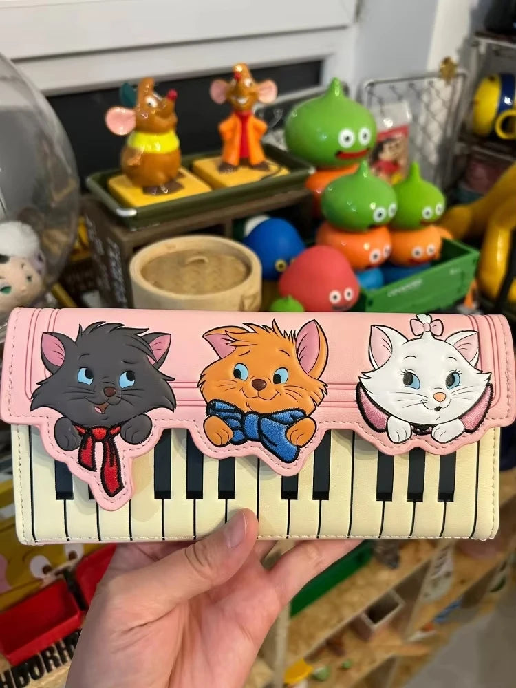 Portefeuille Femme Marie Chat Piano Kawaii - Long Bifold Fermeture Éclair Cartoon Mignon
