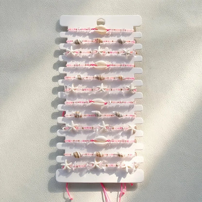 Ensemble 12 Bracelets Tressés Main Roses Coquillages – Ajustables Plage