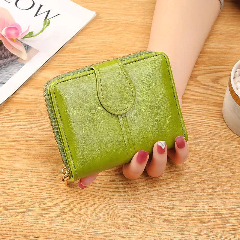 Portefeuille Femme Cuir Bifold Court Rose - Wallet Porte-Cartes Zipper Coin Pouch