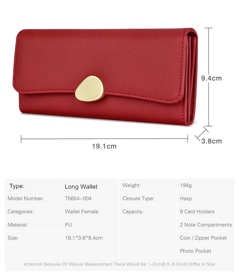 Portefeuille Femme Long Cuir Simple Fashion - Porte-Carte Crédit Porte-Chéquier Rouge Kaki Élégant