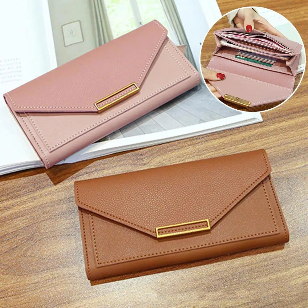Portefeuille Femme Long Cuir PU Fermoir - Porte-Monnaie Clutch Téléphone 5 Couleurs Noir