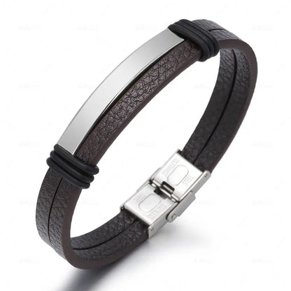 Bracelet Enroulé en Cuir pour Homme avec Charm en Acier Inoxydable