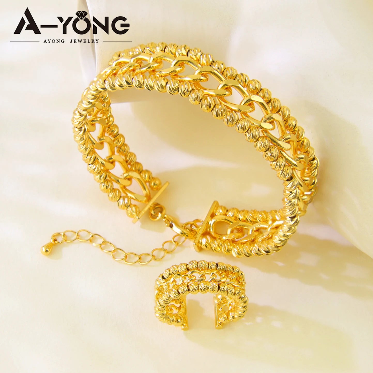 Ensemble Bracelet Bague Perles Dubai Mariage Plaqué Or 24K Luxe – Bangles Ajustables Mariée Arabe Femme
