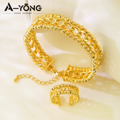 Ensemble Bracelet Bague Perles Dubai Mariage Plaqué Or 24K Luxe – Bangles Ajustables Mariée Arabe Femme