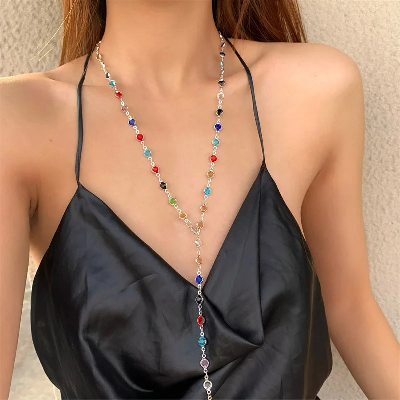 Collier Longue Chaîne Perles Pierres Colorées Cristaux – Maxi Vintage Équilibrant Femme