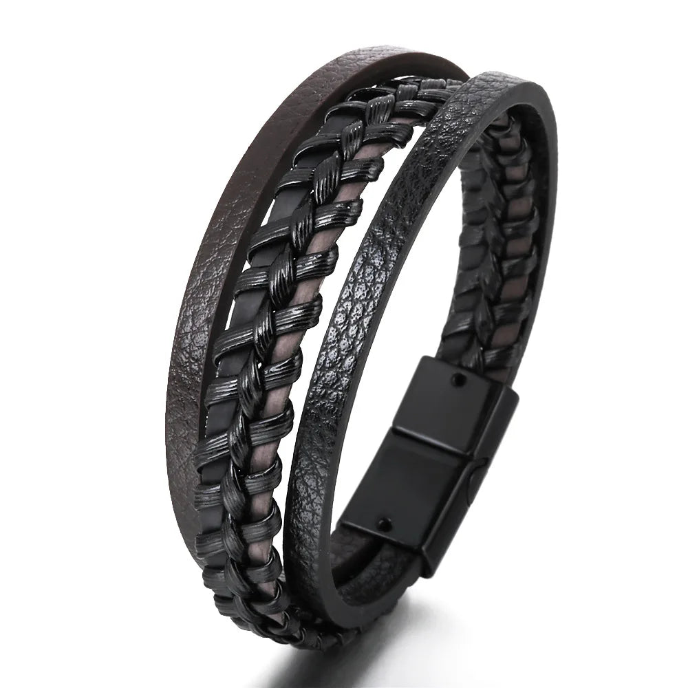 Bracelet Cuir Multicouche Tressé Homme – Acier Inoxydable 21 cm 14 Coloris Cadeau