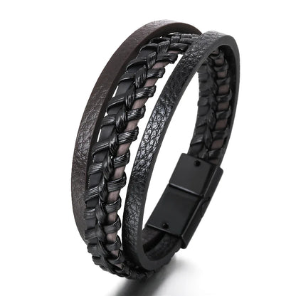 Bracelet Cuir Multicouche Tressé Homme – Acier Inoxydable 21 cm 14 Coloris Cadeau