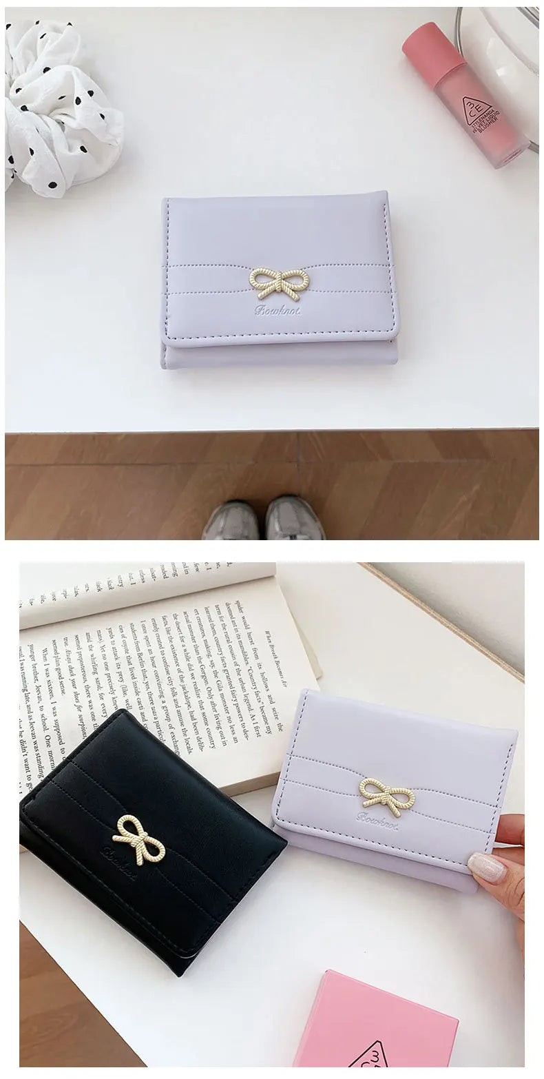 Portefeuille Femme Nœud Rose Compact - Porte-Cartes Tri-Fold Étudiant Mignon