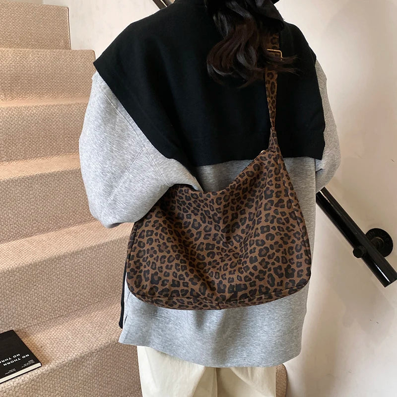 Sac Bandoulière Femme Textile Souple Imprimé Léopard - Sac Épaule Rétro Grande Capacité Casual