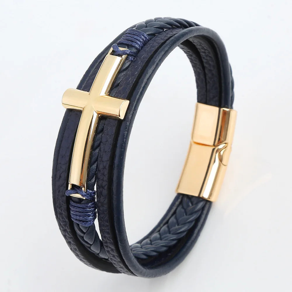 Bracelet Cuir Tressé Multicouche Punk – Boucle Magnétique Croix Homme