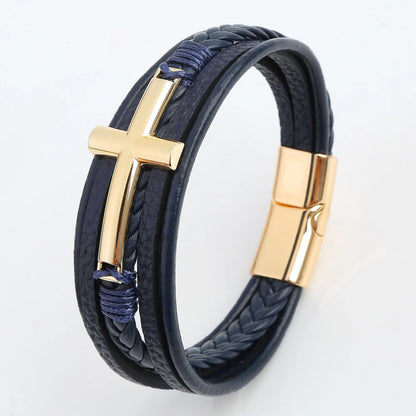 Bracelet Cuir Tressé Multicouche Punk – Boucle Magnétique Croix Homme