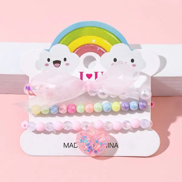Ensemble 3 Bracelets Perles Cartoon Mignons Enfants – Princesse Licorne Fruits Chat Filles