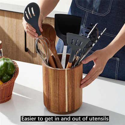 Pot à Ustensiles de Cuisine en Bois d'Acacia Rotatif 360° - Style Farmhouse